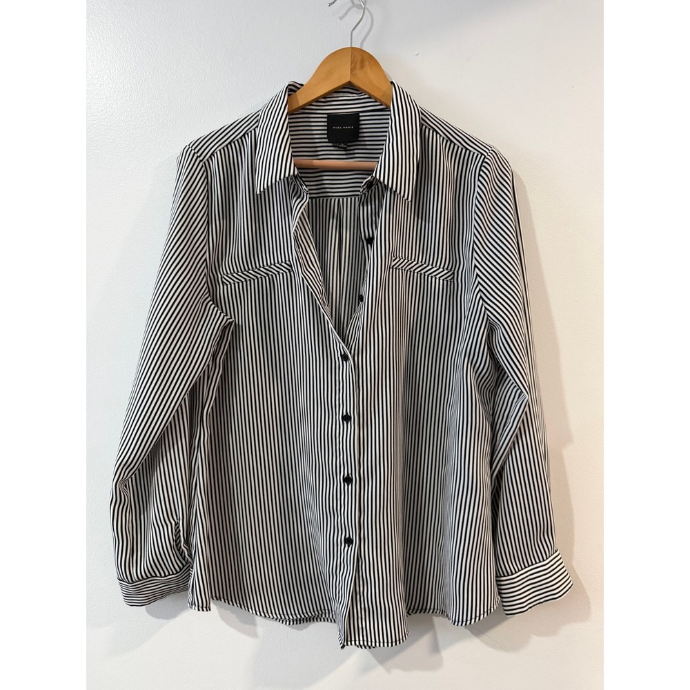 Alex Marie Womens Black White Striped Button Down Long Sleeve Blouse Large